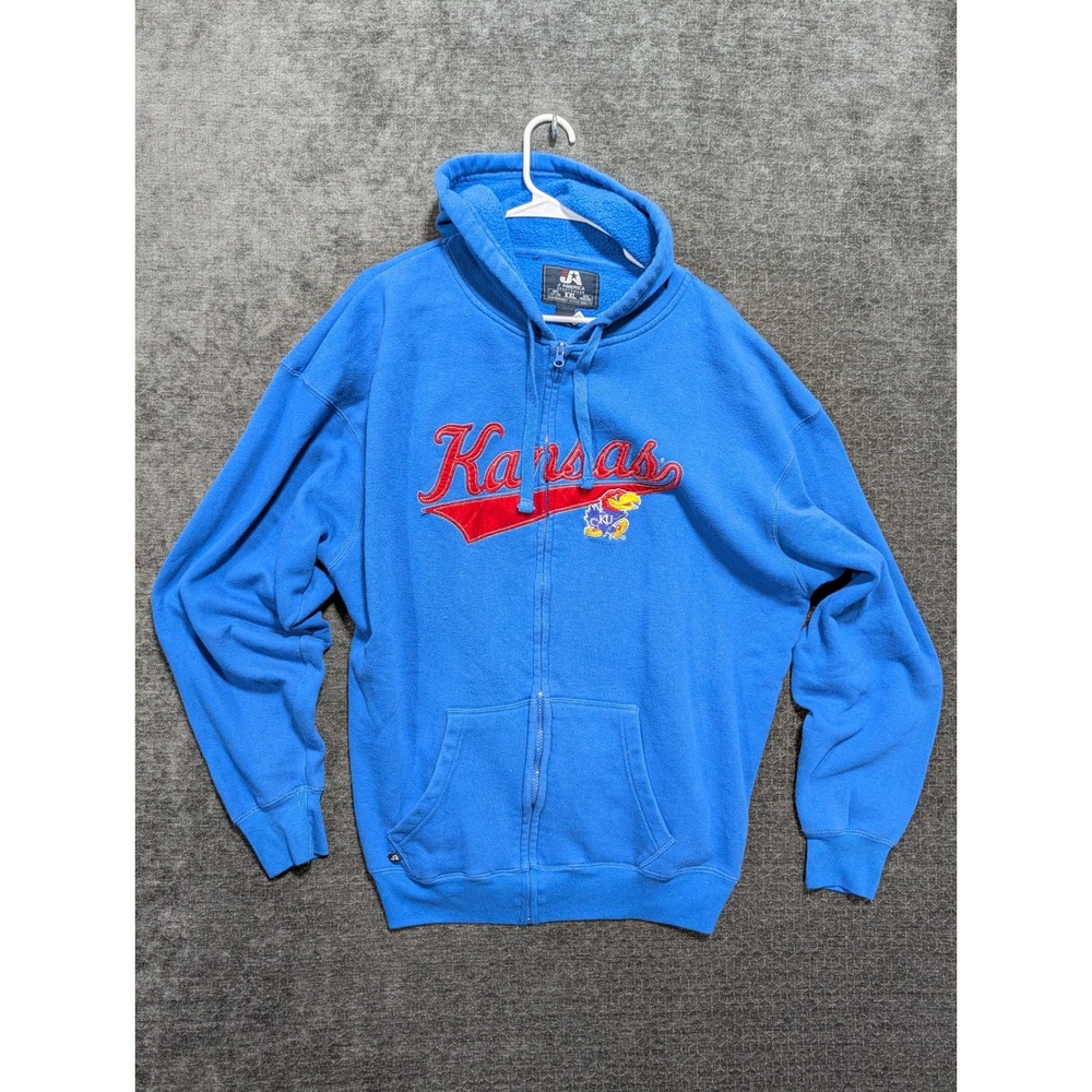 J America Kansas Jayhawks Full Zip Hoodie Blue XXL Embroidered Mascot Sweatshirt